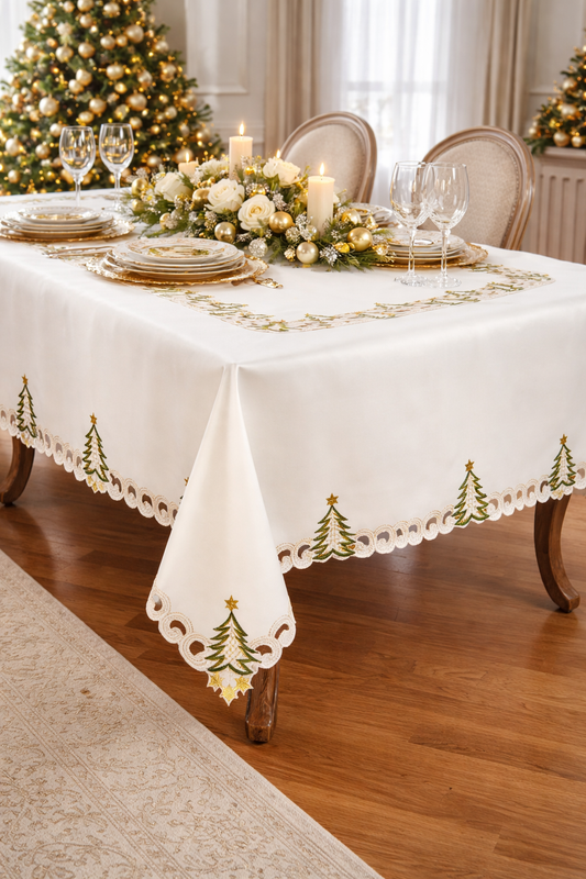 Ivory Embroidered Christmas Tree 67" Tablecloth