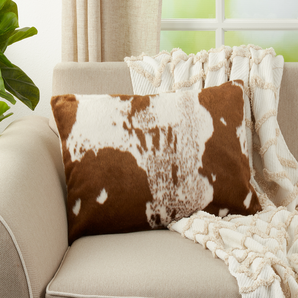 471 - Faux Fur Cow Hide Brown 14"X22"  Throw Pillow