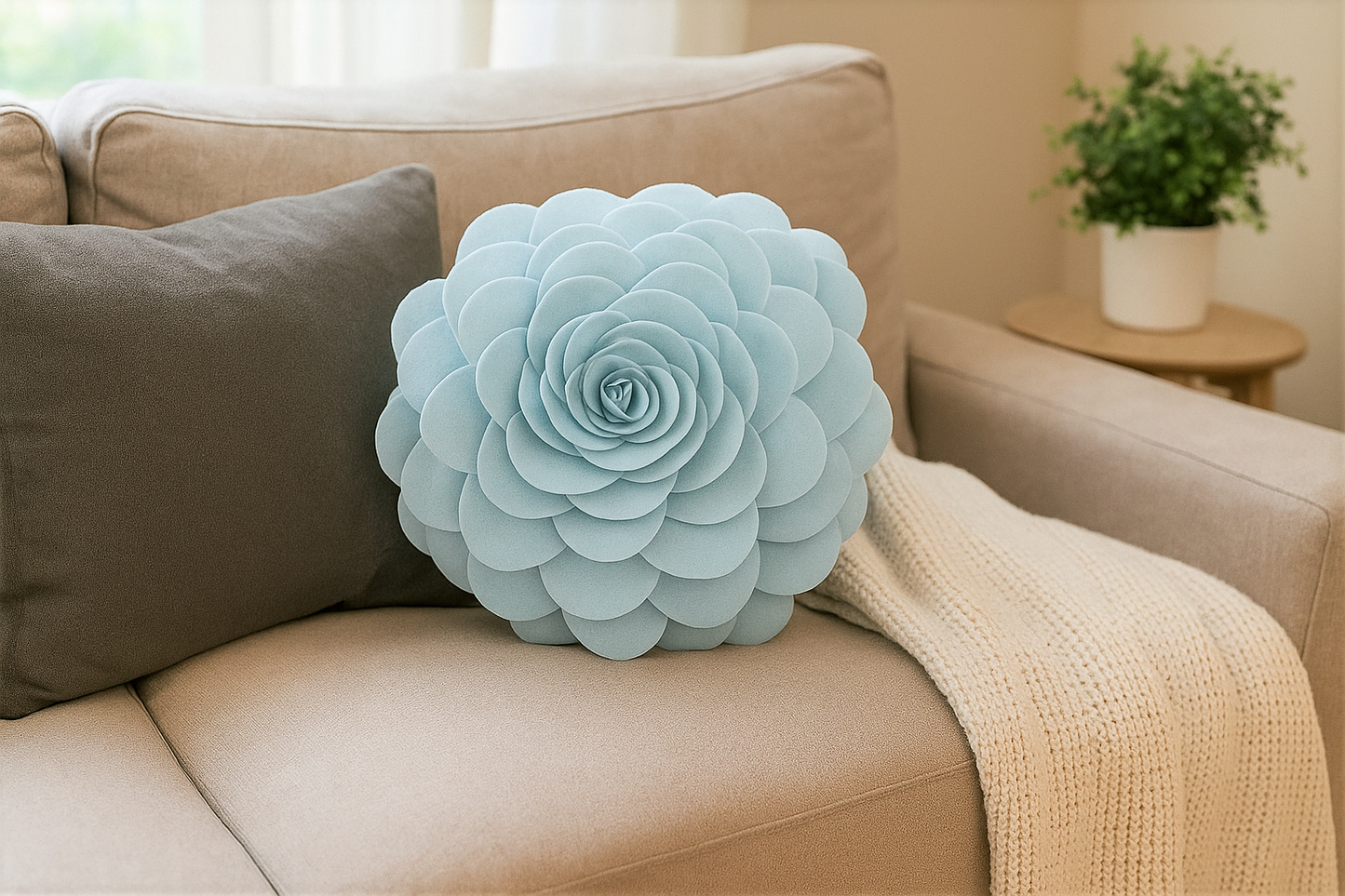 Aqua 3D Rose Flower Petal Decorative Throw Pillow