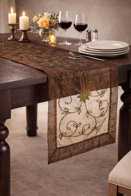 Brown Beaded Flower 16"x72" Table Runner