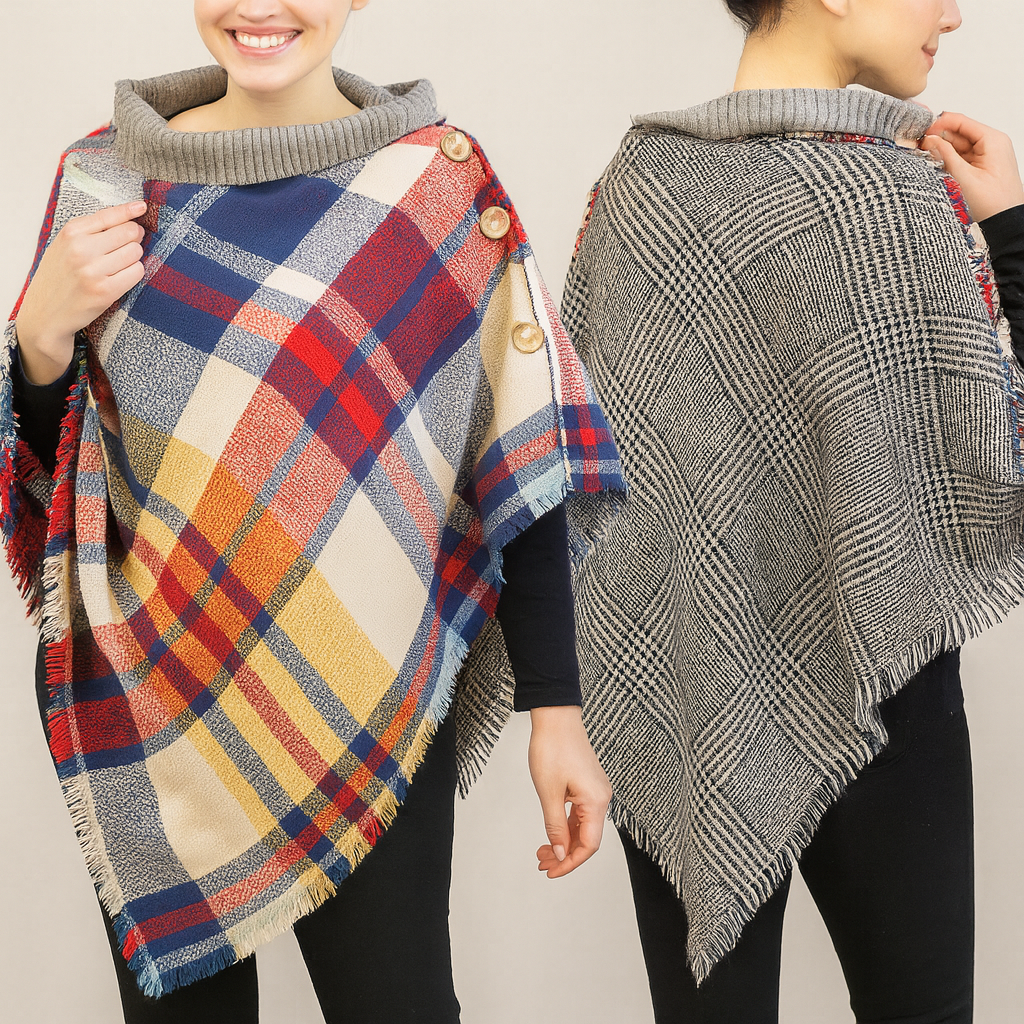 Plaid Coconut Buttons Reversible Wrap Poncho
