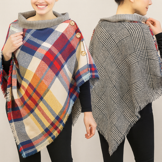 Plaid Coconut Buttons Reversible Wrap Poncho
