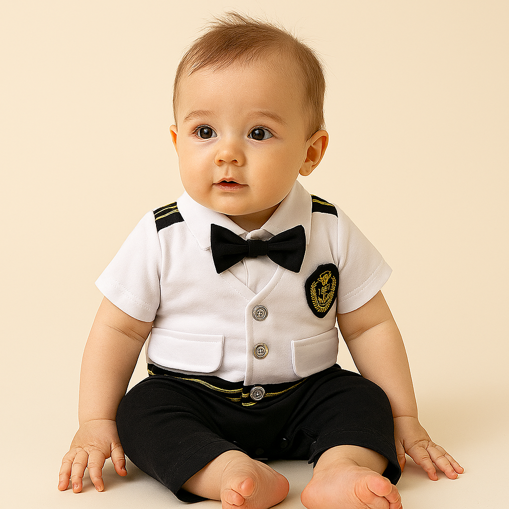 White Pilot Short Sleeve Cotton Bowtie Baby Romper