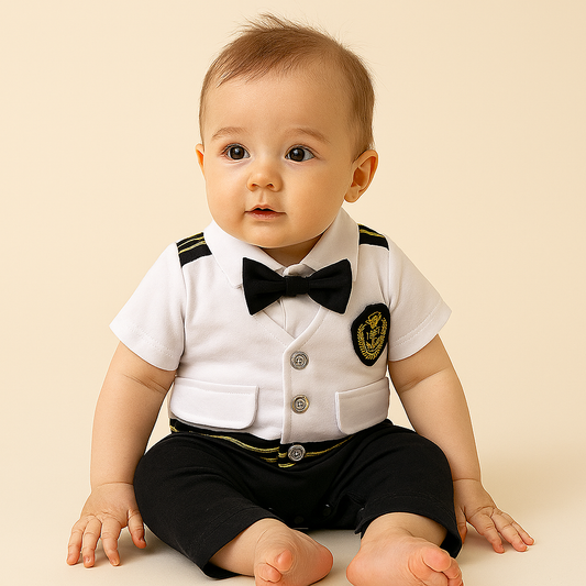 White Pilot Short Sleeve Cotton Bowtie Baby Romper