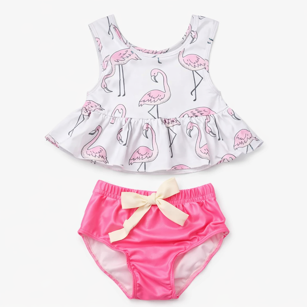 White-Pink Flamingo Girl 2-Piece Swimwear Set