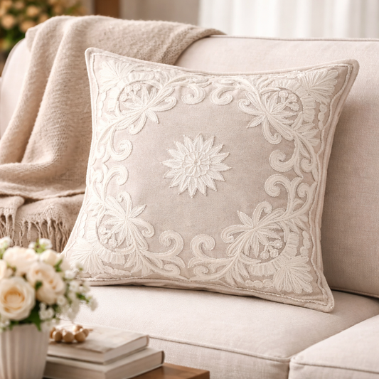 Ivory Embroidered Cotton 18" Throw Pillow