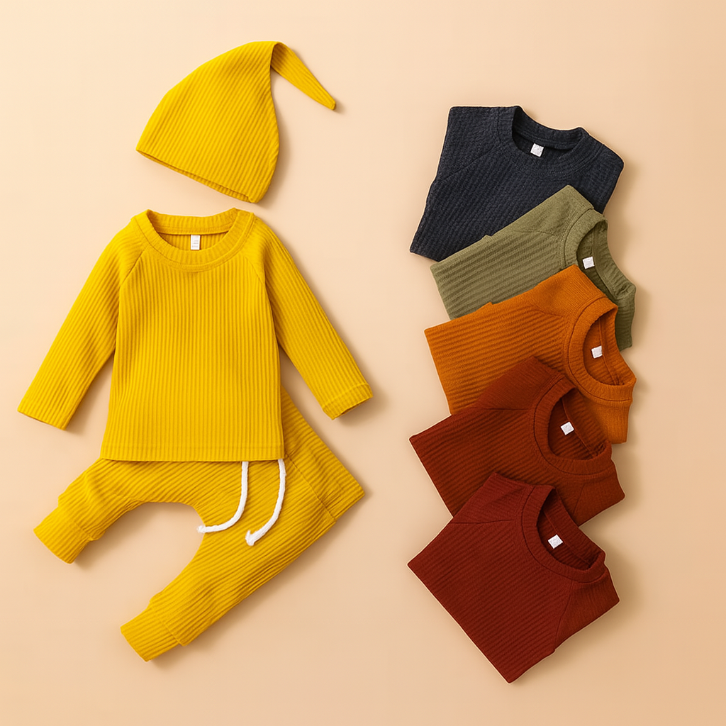 Solid Knit Cotton 3pcs Baby Outfit