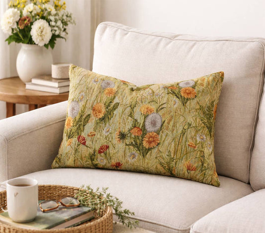 Green Floral Meadow Lumbar Throw Pillow