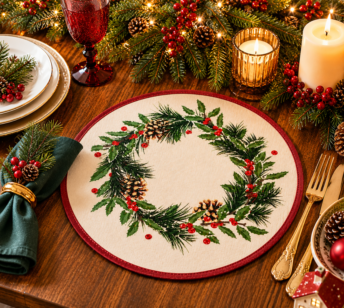 Holly & Pine Holiday 14" Round Placemat