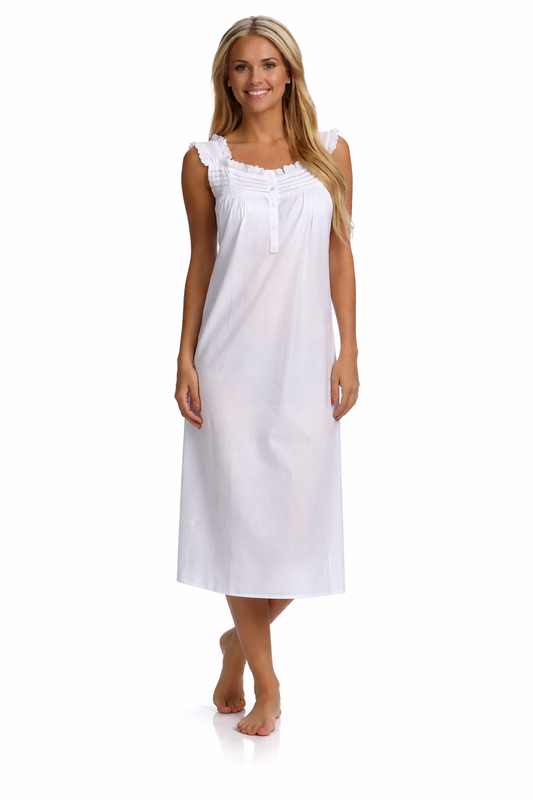 White Eyelet Trim Pleated Cotton Women's Night Dress