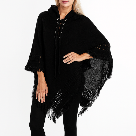 Black Fringed Lace Up Hooded Pullover Poncho