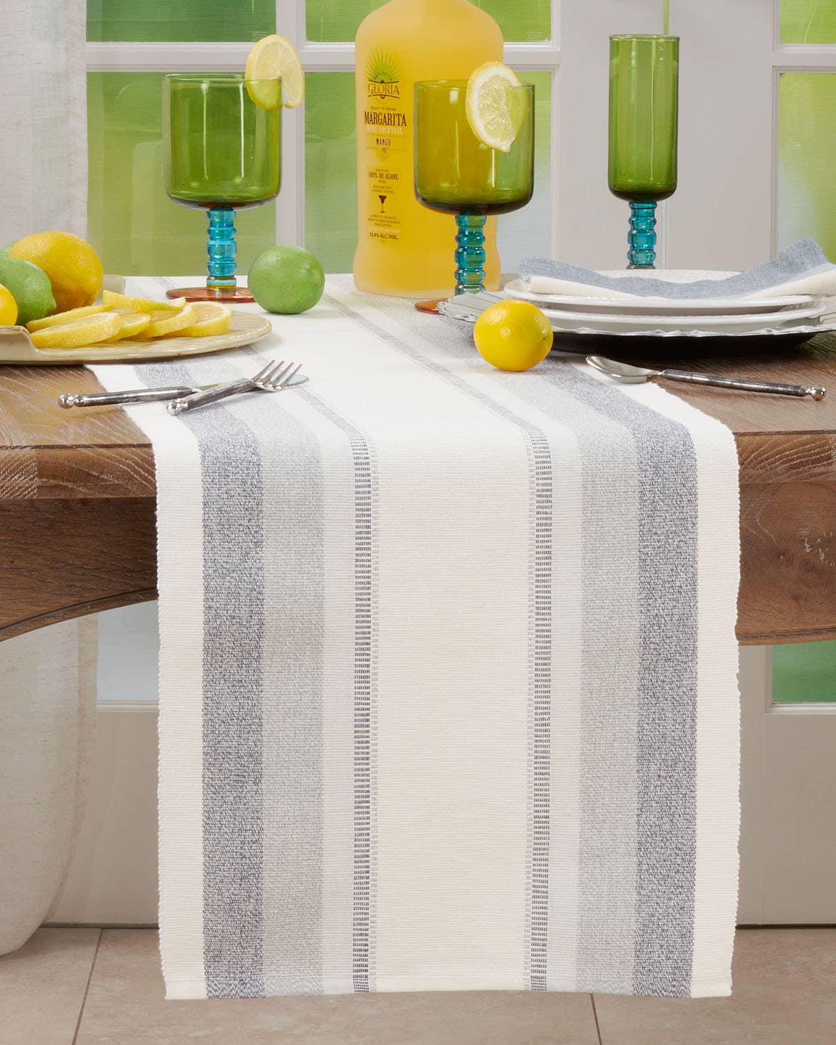 106 - Blue Ribbed Stripe Cotton 14"x72" Table Runner