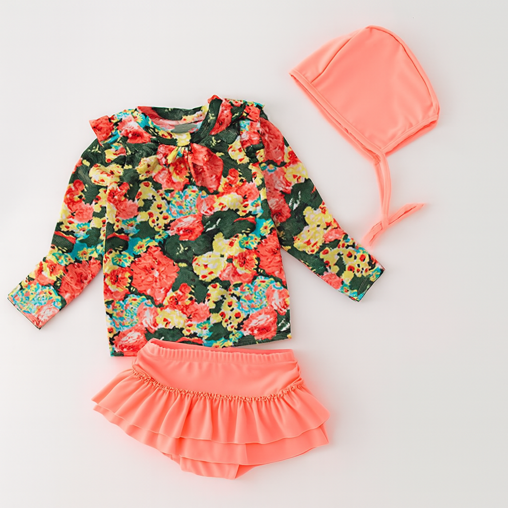 Peach Floral 3pcs Girl Swimwear Set