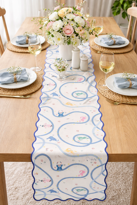 Fun Circus Animal Scalloped Table Runner - 14"x71"