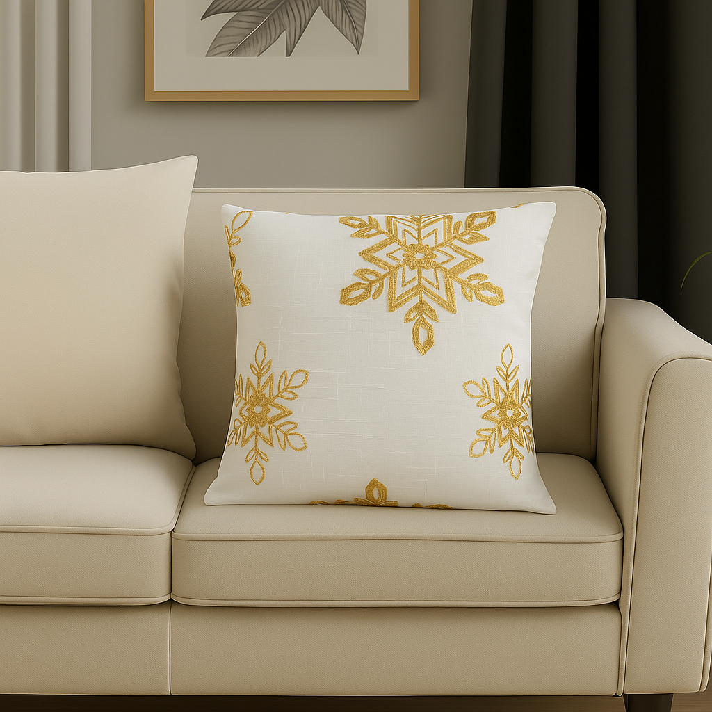 70197 - Gold Embroidered Snowflake White 18" Throw Pillow