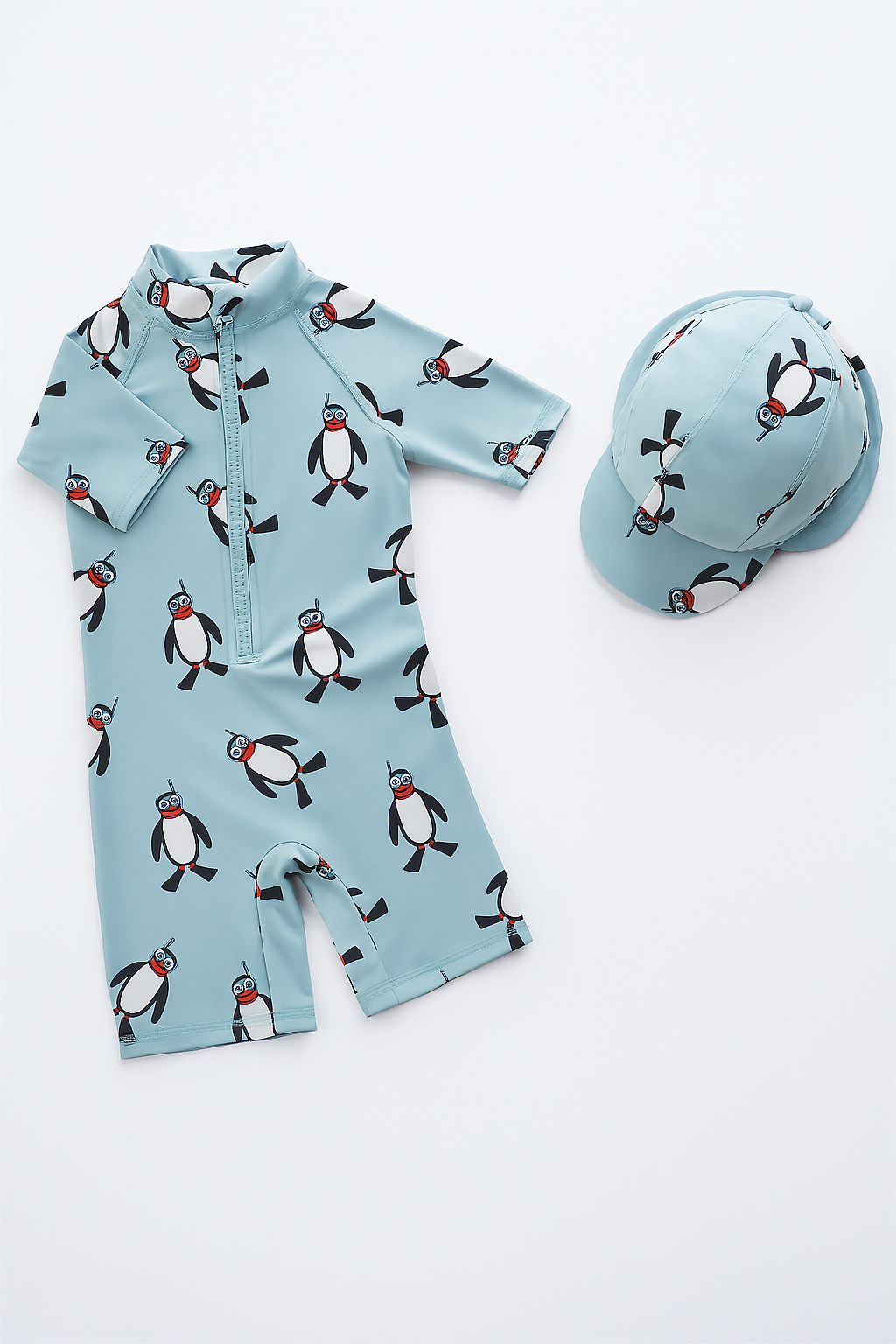 Blue Penguins 1-Piece Boy Rash Guard & Swim Hat