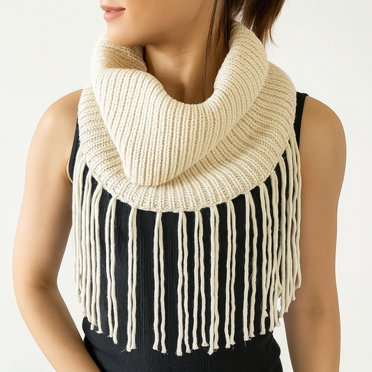 Ivory Long Fringe Accent Tube Infinity Scarf