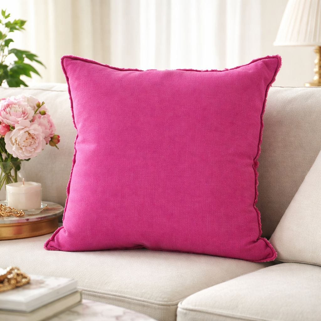 13049 - Fuchsia Fringed Design Down-Filled Linen 20" Throw Pillow