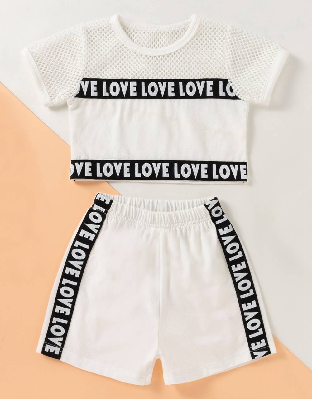 White Love Print Mesh Baby T-Shirt & Shorts