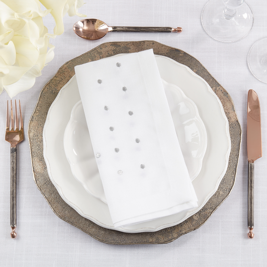 3032 - Silver Embroidered Polka Dot 20" White Cloth Dinner Napkin