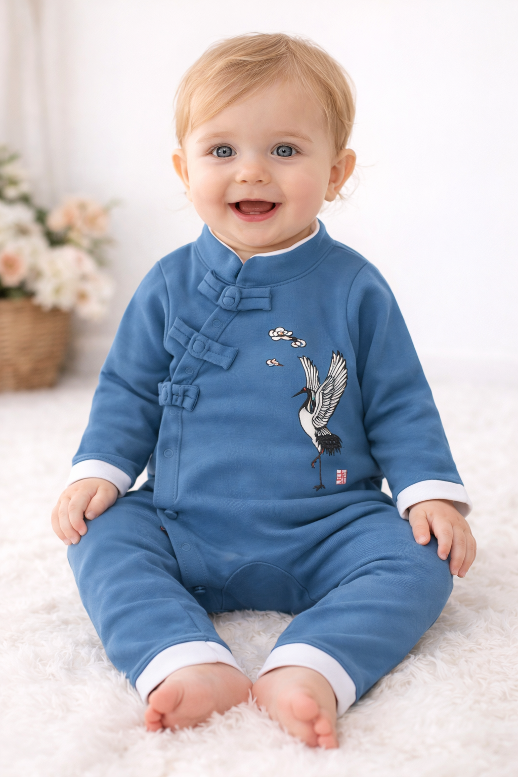 Blue Embroidered Crane Chinese-Style Traditional Baby Romper