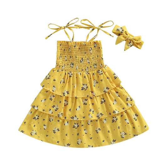 Mustard Floral Smocked Tiered Girl Dress & Headband