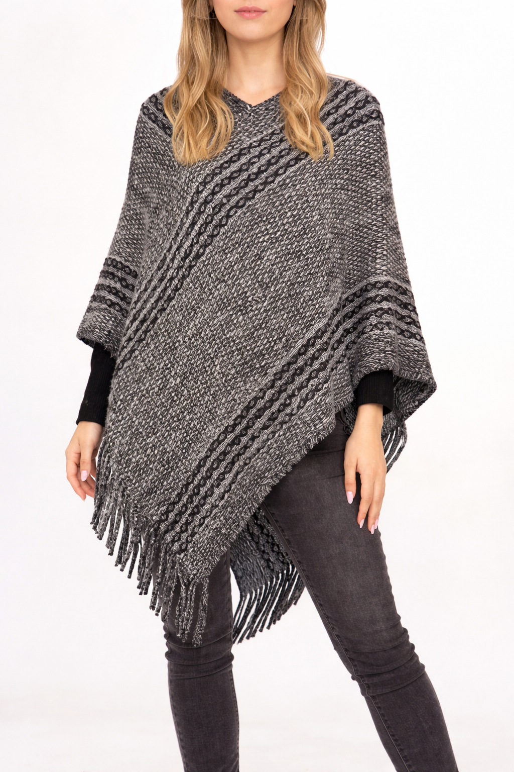 Black Striped Knitted V-Neck Fringe Poncho Pullover Sweater