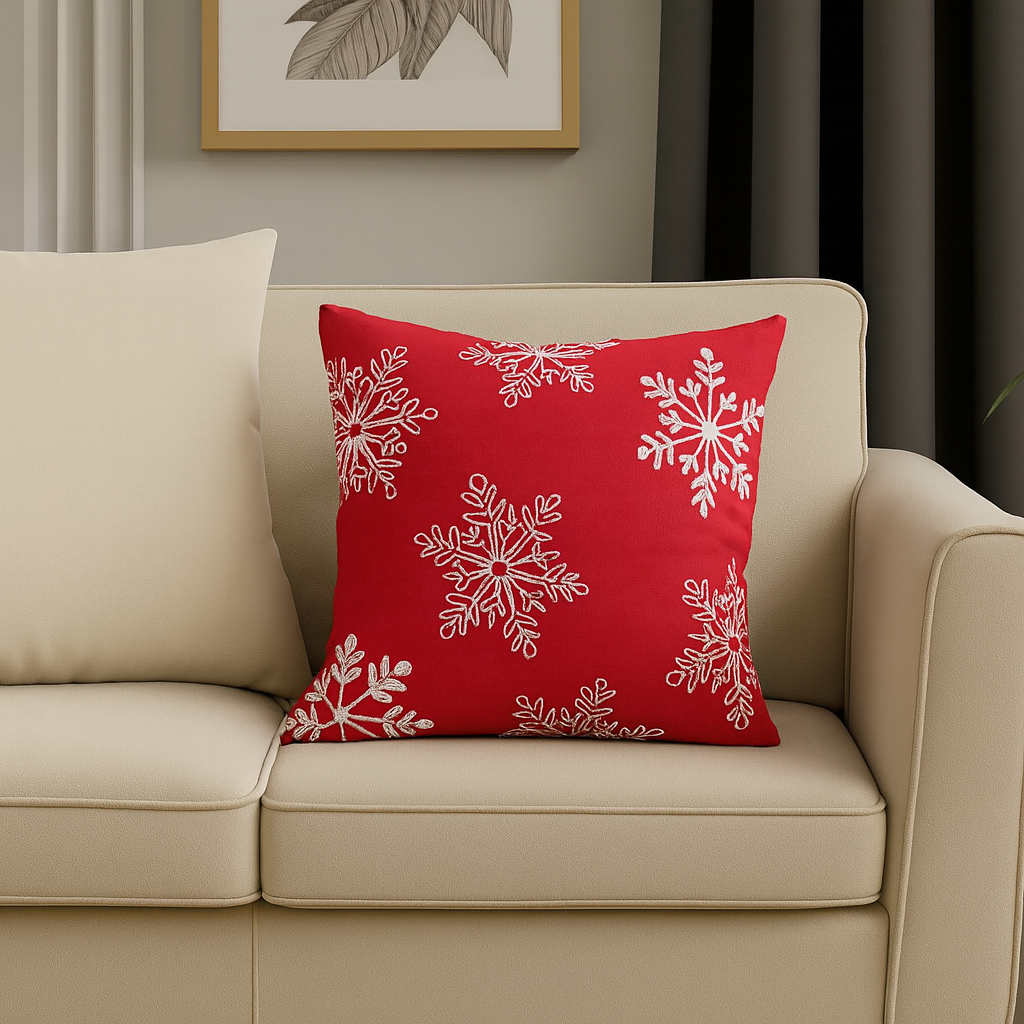 70196 - Embroidered White Snowflake Red 18" Decorative Throw Pillow