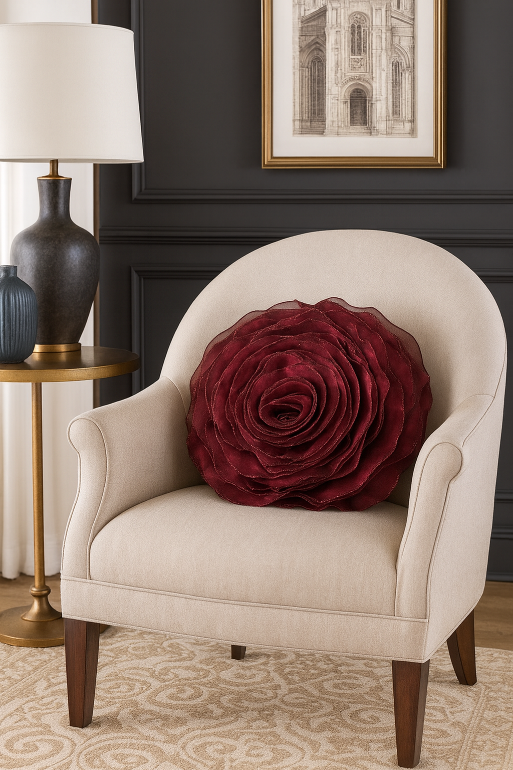160 - Burgundy Rose Chiffon Decorative Throw Pillow