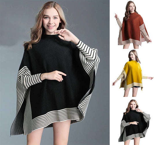Striped Knit Pullover Batwing Sleeve Poncho Sweater