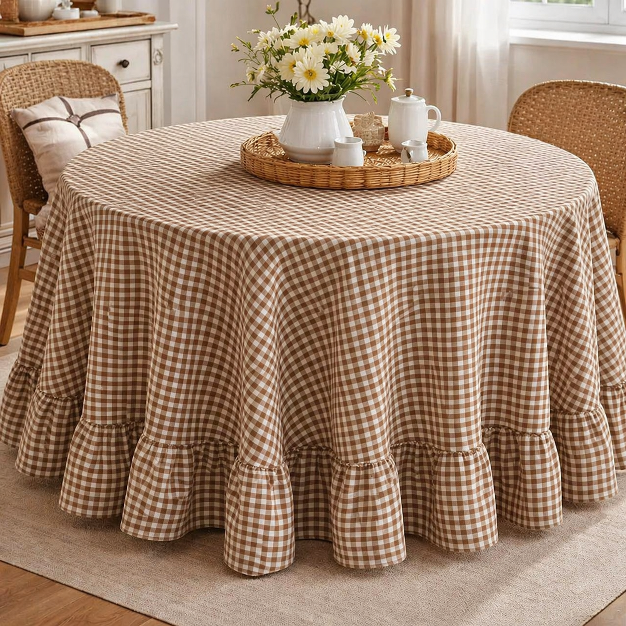 Dark Beige Gingham Check Tablecloth with Ruffled Edge