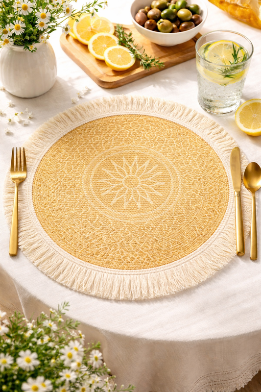 Yellow Dream Catcher Fringed 14" Round Placemat