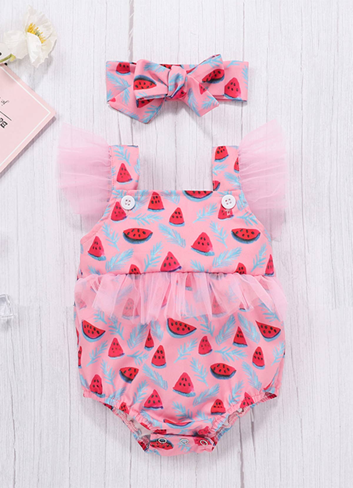 Pink Watermelon Print Baby Romper Sunsuit & Headband