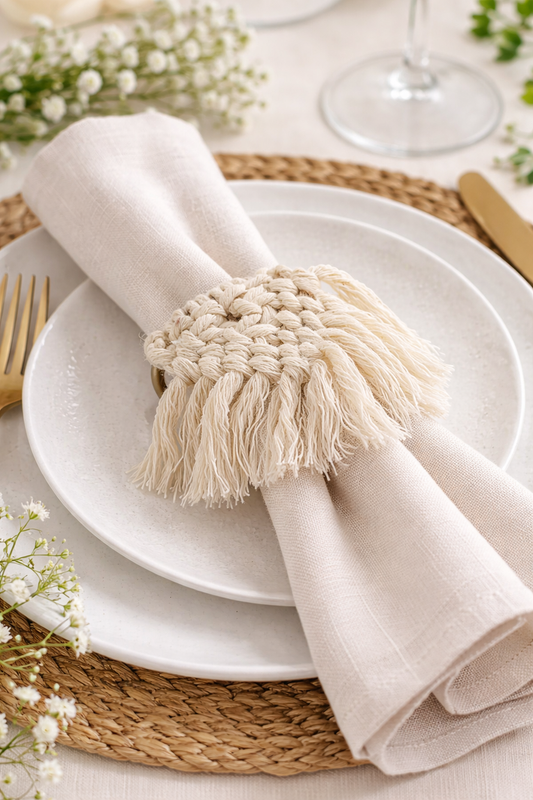 White Cotton Braided Napkin Ring with Metal Accent