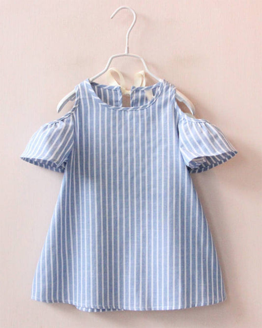 Blue and White Stripe Off Shoulder Gril Mini Dress