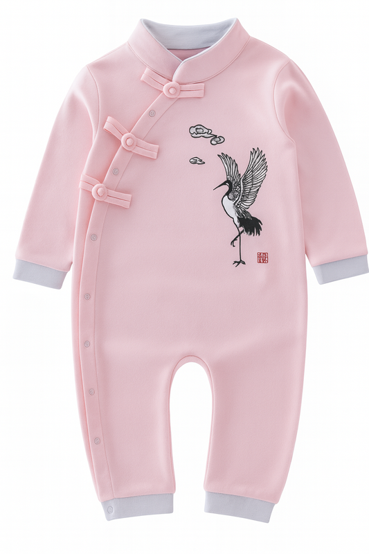 Pink Embroidered Crane Chinese-Style Traditional Baby Romper