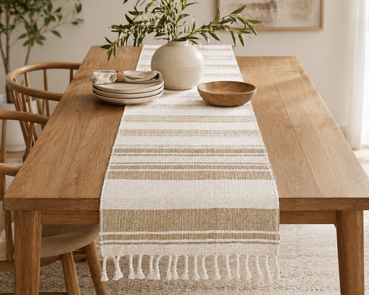 Natural Cotton-Jute Striped Tasseled Table Runner - 14"x72"