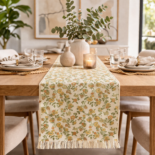 Yellow Flower Table Runner with Fringe - 14"x72"