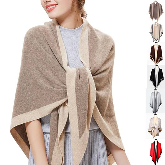 Contrast Border Knit Cashmere Blend Triangular Shawl Wrap