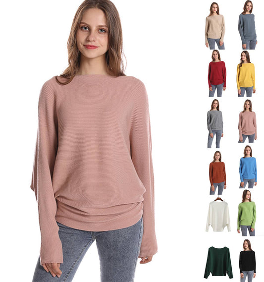 Boat Neck Batwing Sleeve Pullover Knitted Sweater