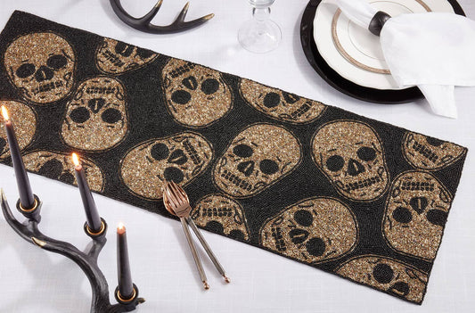 2075 - Dark Gold Hand-Beaded Skulls 13x36 Black Table Runner