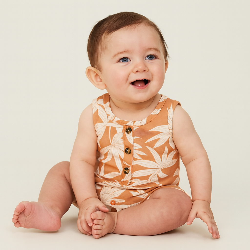 White Leaf Print Peach Sleeveless Baby Romper