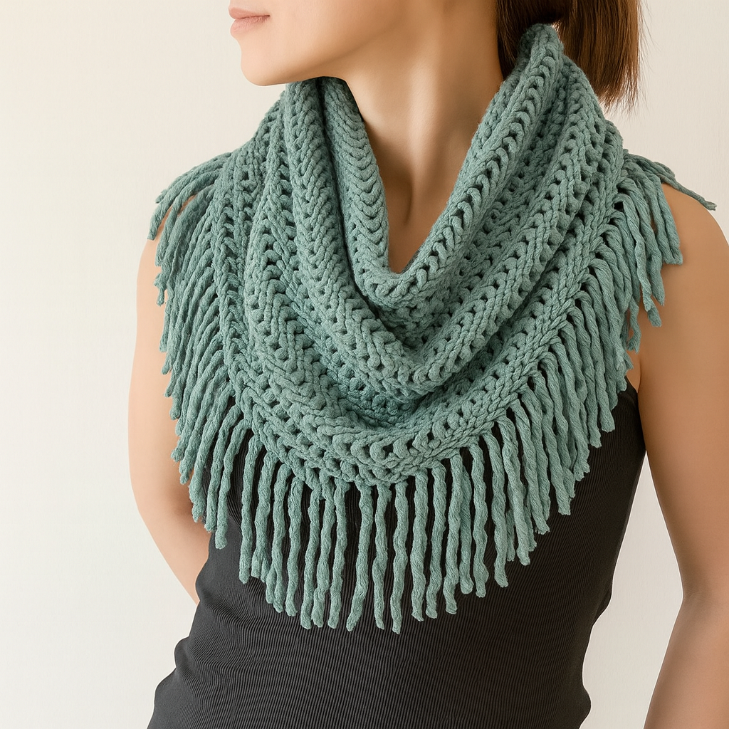 Fog Green Knit Tassel Infinity Loop Scarf