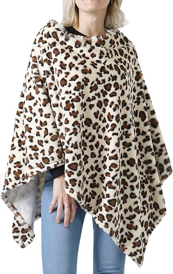 Leopard Print Faux Fur Soft Poncho Cape