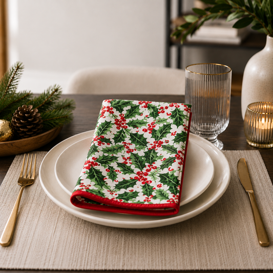 Holly & Berry 20" Cotton Napkin with Red Trim