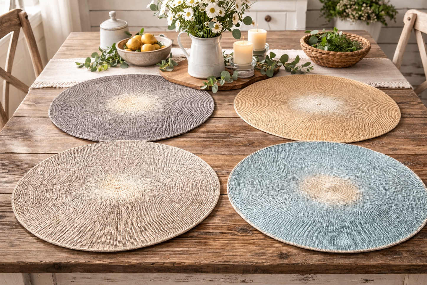 Two-Tone Sunburst Handwoven 15" Round Placemat - 4 Colors