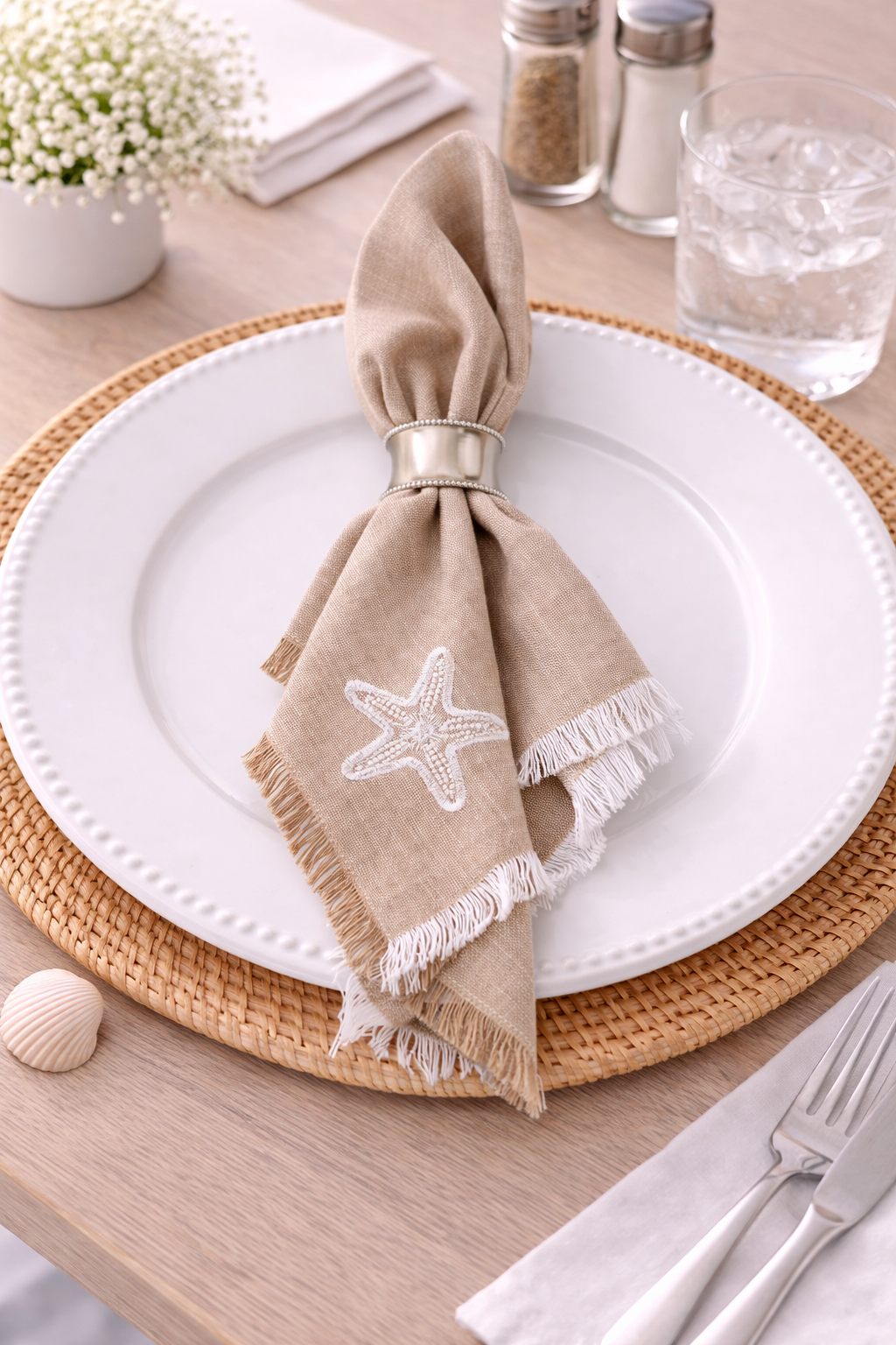 Natural Starfish Embroidered 20" Cotton Napkin