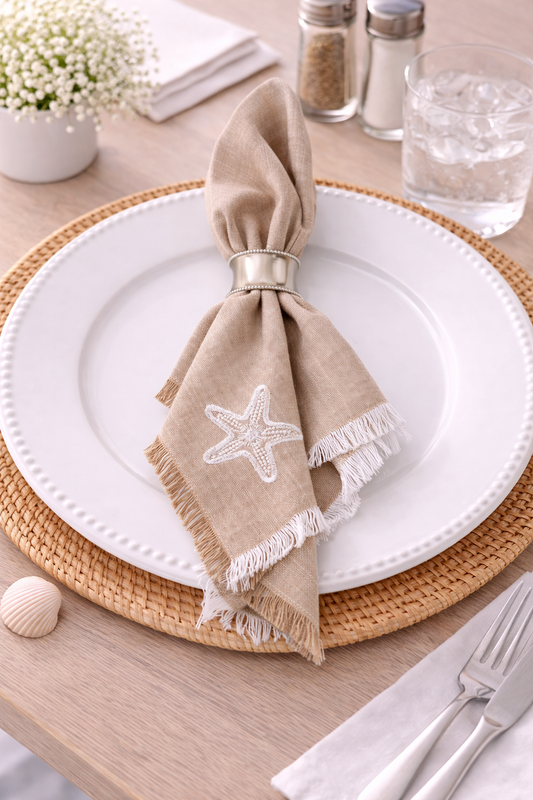Natural Starfish Embroidered 20" Cotton Napkin