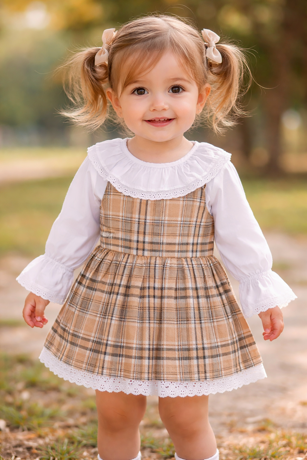 Beige Tartan Ruffle Yoke Eyelet Lace Cotton Girl Dress