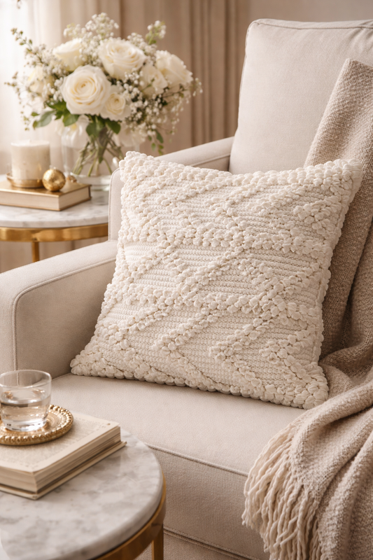 White Hand-Woven Coastal-Bohemian 18" Throw Pillow